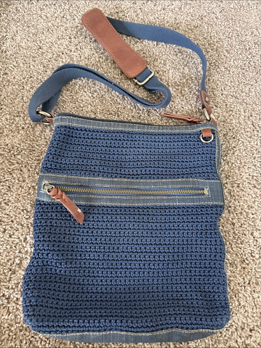The Sak Navy Crochet Crossbody with Brown Leather Trim